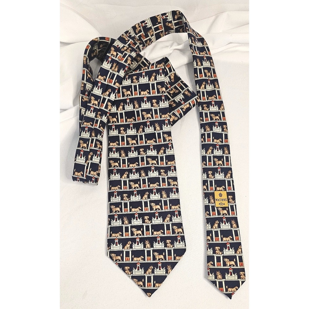 VTG Wathne Silk Tie Dog Lover Novelty Print Animal Pattern Navy Necktie 80s 90s